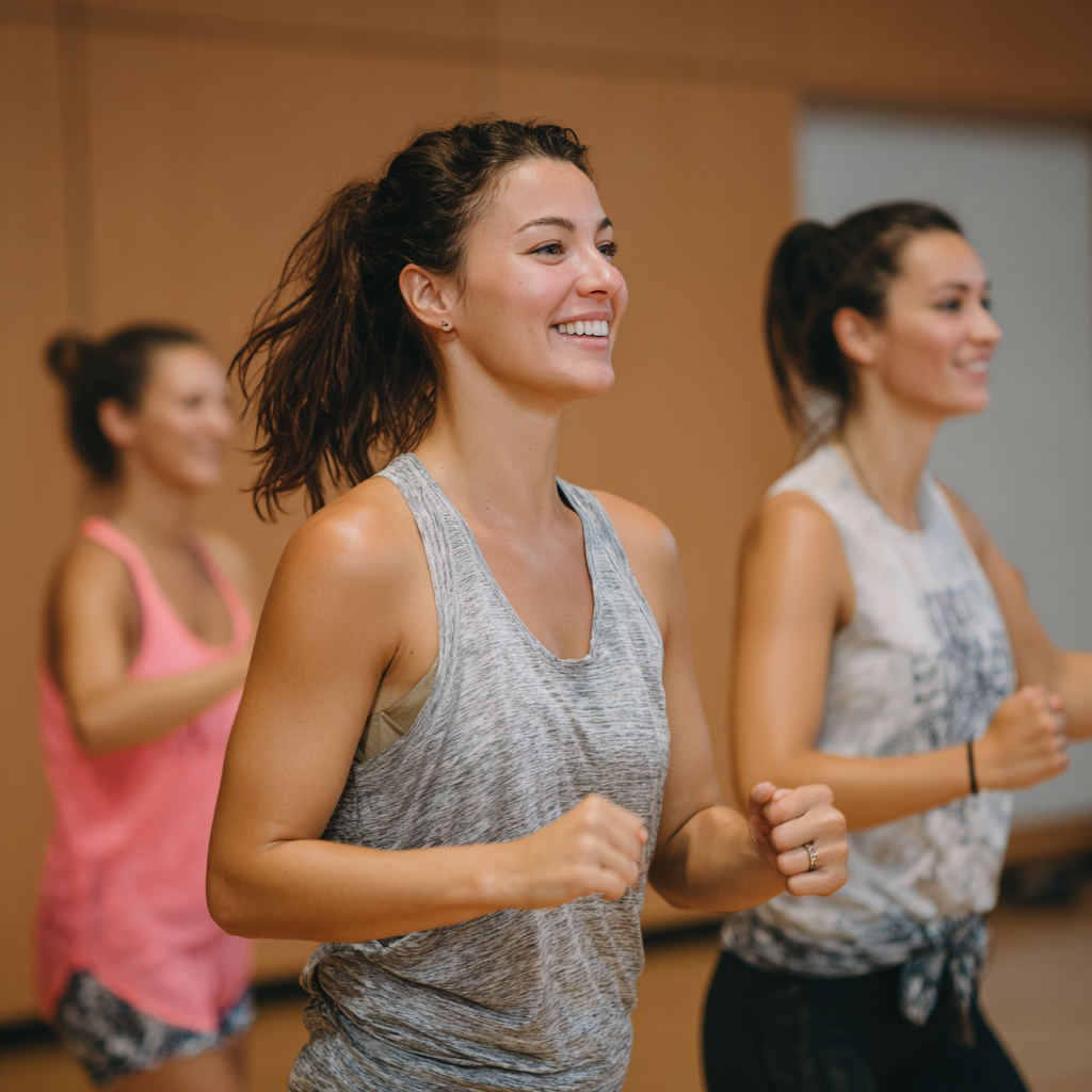 Mosolygós magyar felnőttek csoportja edzés közben, különböző életkorúak együtt gyakorlatoznak